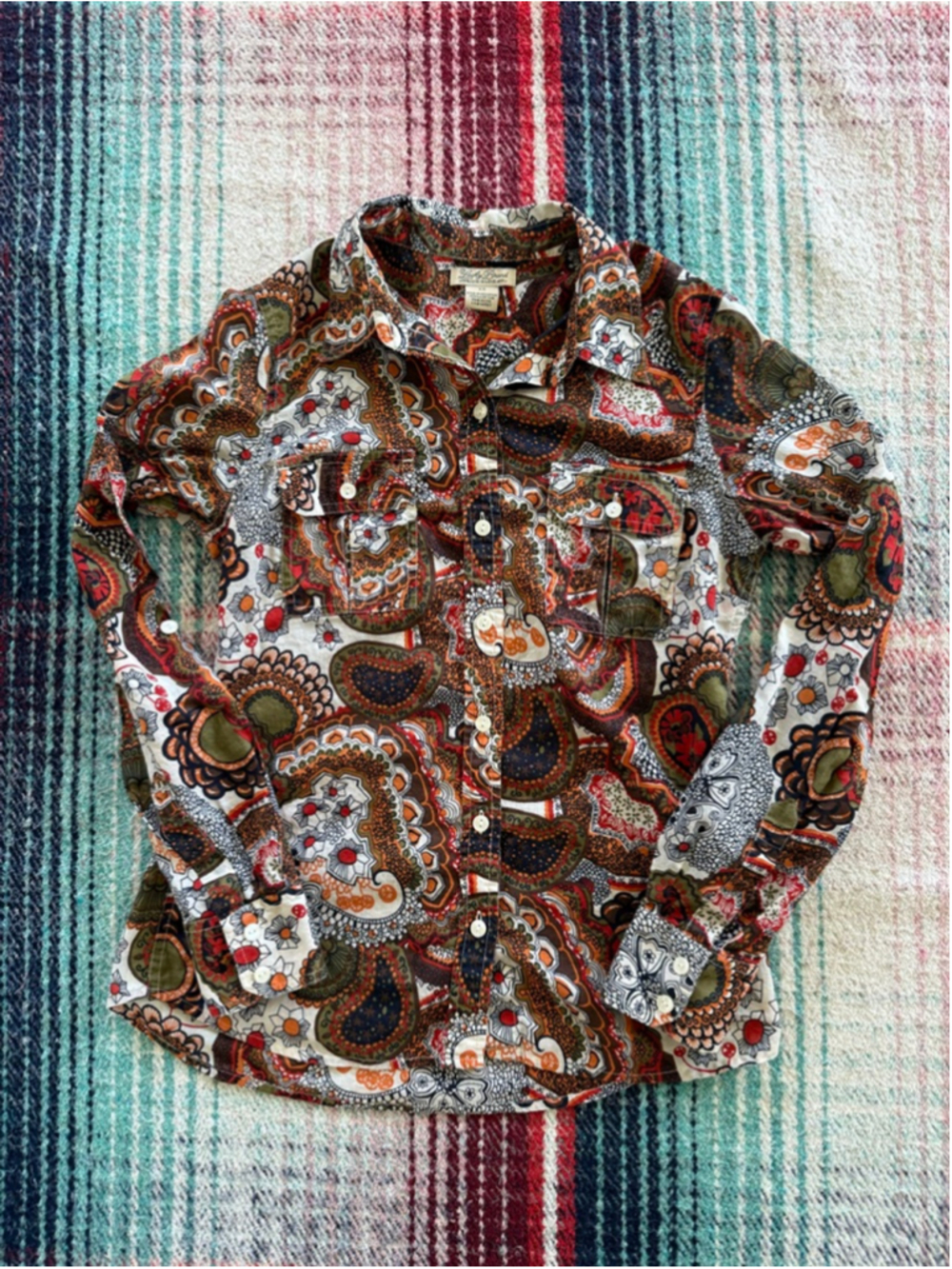 Vintage Lucky Brand Roller Button Down Shirt XS Brown Orange Psychedelic Paisley
